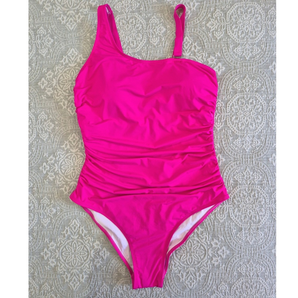 Aqua Eve Pink One Shoulder Ruched One Piece Swimsuit 16W New‎